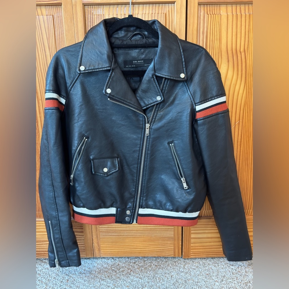 Zara Black Faux Leather Jacket with Red and White Stripes